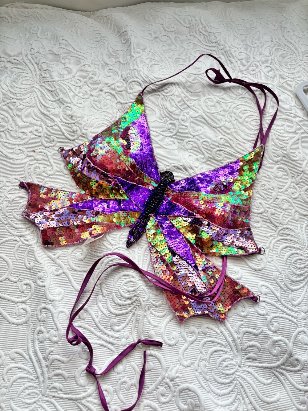 Y2K Beaded Sequin Butterfly Halter Top - Purple Multicolor